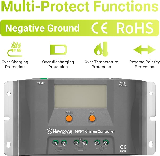 Newpowa 10A MPPT Solar Charge Controller Charge 12V Battery Regulator Dual USB Ports Negative Ground W/LCD Display Up to 130W Off Grid Solar Panel Adjustable for Gel AGM,Liquid Batteries