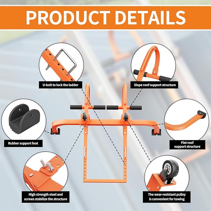 2 in 1 Ladder Stabilizer,Roof Ridge Extension Both Horizontally and Vertically, Rubber Grip T-Bar，Quick and Safe Access to Steep Roofs.