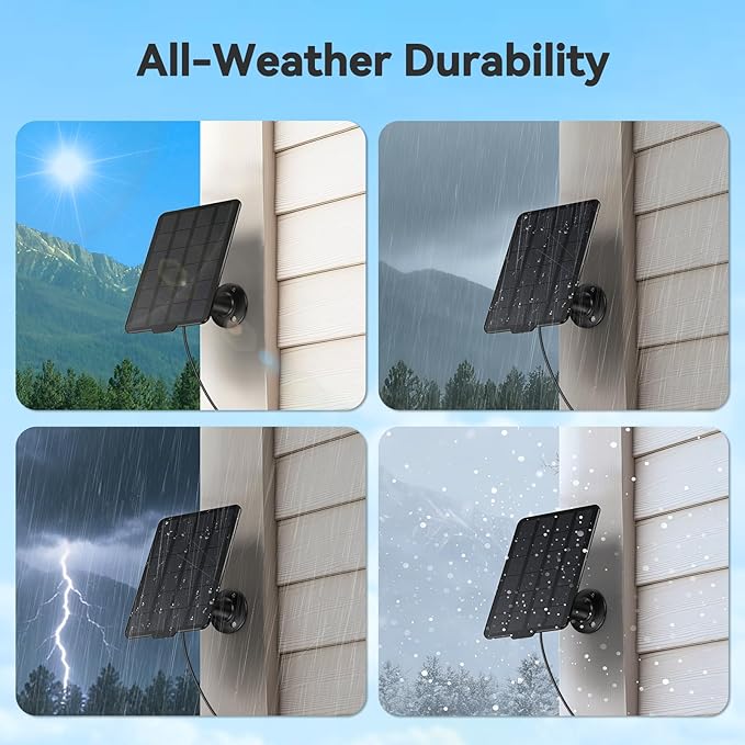 3W Solar Panel for Battery-Powered Security Cameras,USB-C & Micro USB Solar Charger for Wireless Outdoor Cameras,IP65 Waterproof, 9.8ft Cable, 360° Adjustable Mount (Black, 2 Pack)