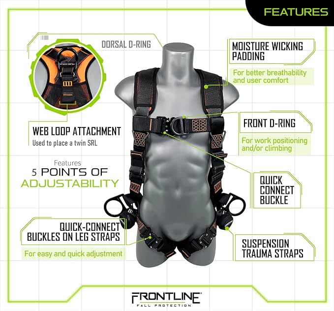 FRONTLINE FALL PROTECTION 105CFTB Combat™ Vest Style Harness with Front Side D-Rings and Suspension Trauma Straps (Universal)