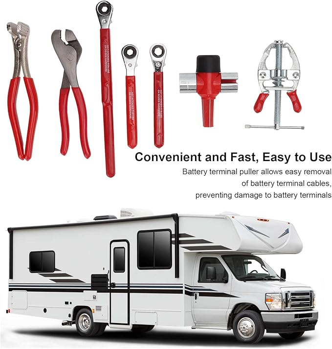 Battery Service Tool Kit, 7pcs Battery Terminal Puller Steel Battery Plier High Strength Battery Terminal Spreader Auto Repair Tool With 5/16in Wrench 10mm Wrench for Battery Maintenance