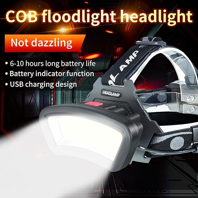 DARKBEAM COB Floodlight Headlamp USB Rechargeable with Red Light, 2000 Lumen LED Headlight - Car Maintenance and Night Construction 6-10 Hours Long Battery Life
