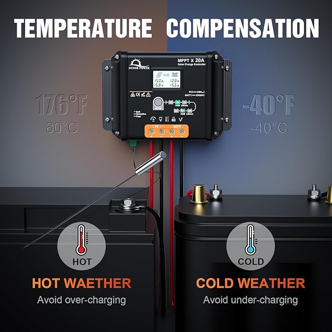 SUNER POWER 20 Amp 12V 24V MPPT Solar Charge Controller, LCD Display, 20A Solar Panel Charging Regulator with Temp Sensor for 12Volt 24Volt Lead-Acid, AGM, Gel, Flooded and Lithium LiFePO4 Battery