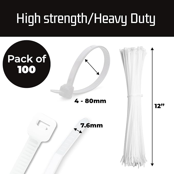 Bolt Dropper 12-Inch White Zip Ties - 100-Pack Reusable Heavy Duty Wire and Cable Ties - Durable Self-Locking Nylon with 120 lbs Tensile Strength - UV and Temperature Resistant for Indoor and Outdoor