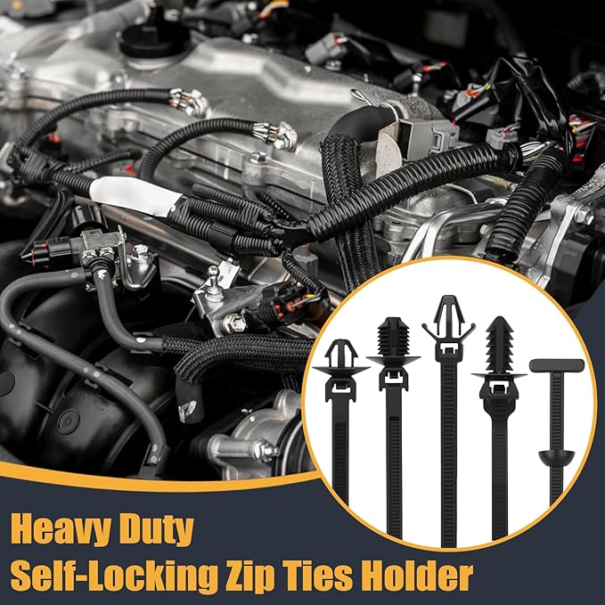 50PCS Universal Nylon Push Mount Cable Zip Tie, Heavy Duty Self Locking Zip Ties Holder, 5 Sizes Black Cable Tie Buckle, UV Resistant Multipurpose Tie Fasteners for Car Daily Repair(5 Types)
