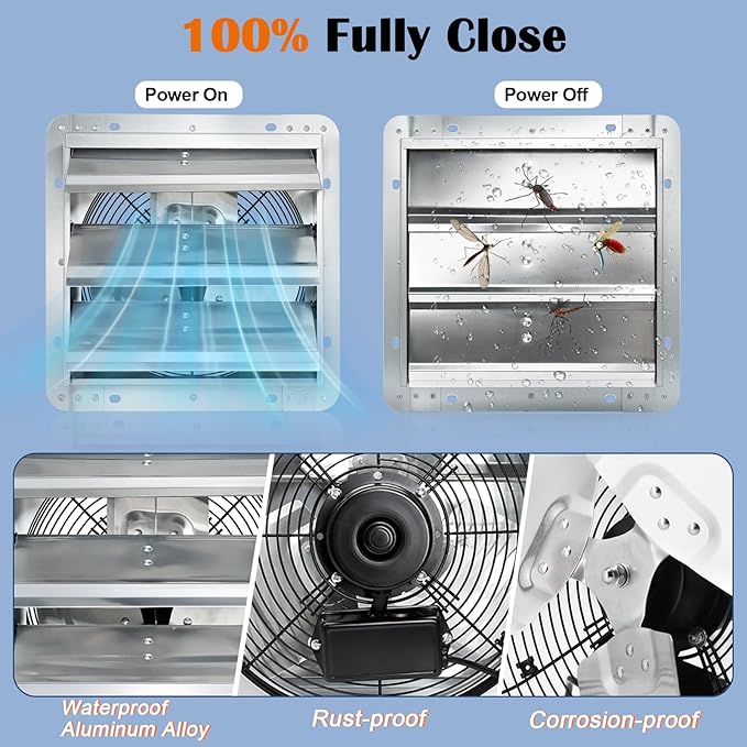 Hiorucet 14 Inch Shutter Exhaust Fan Wall Mounted, High Performance Low Noise Garage Louvered Exhaust Fan with Speed Controller and Power Cord Kit for Greenhouse, Shop, Attics, Chicken Coop, Basement.