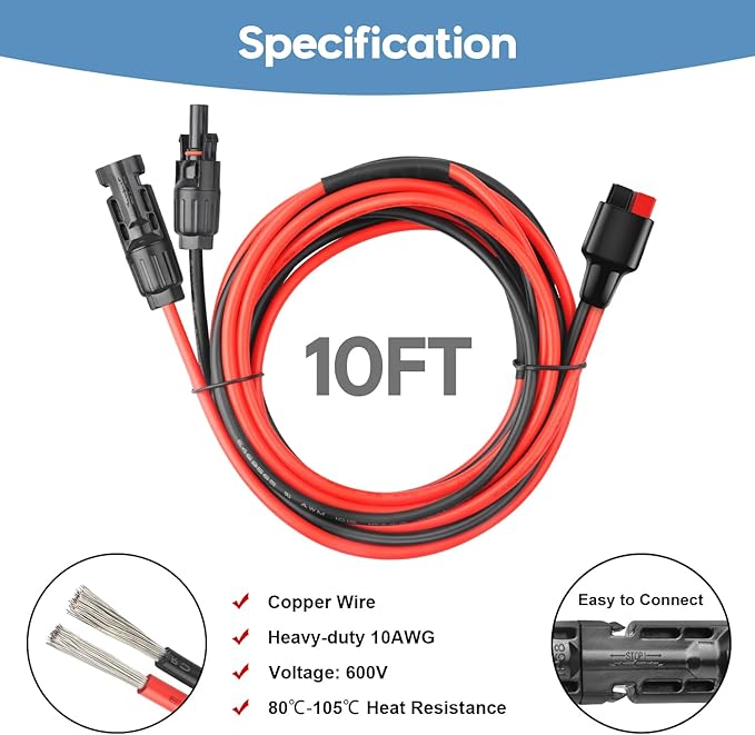 10AWG Solar Panel Cable to Anderson Connector Adapter Solar Extension Cable Compatible with Anderson PowerPole Port for RV,Goal Zero Yeti,Renogy Portable Solar Generator Power Station (10FT)