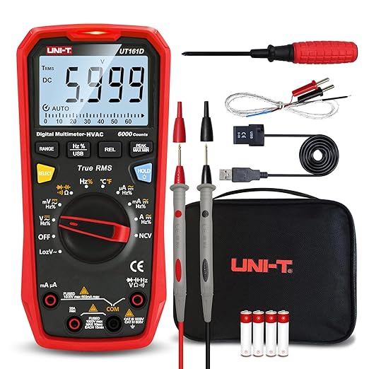 UNI-T Multimeter Kit UT161D, 1000V AC DC Volt Ohm Meter Capacitor Tester Frequency Meter True RMS 6000 Counts USB Transmission LOZ ACV Temperature Measurement