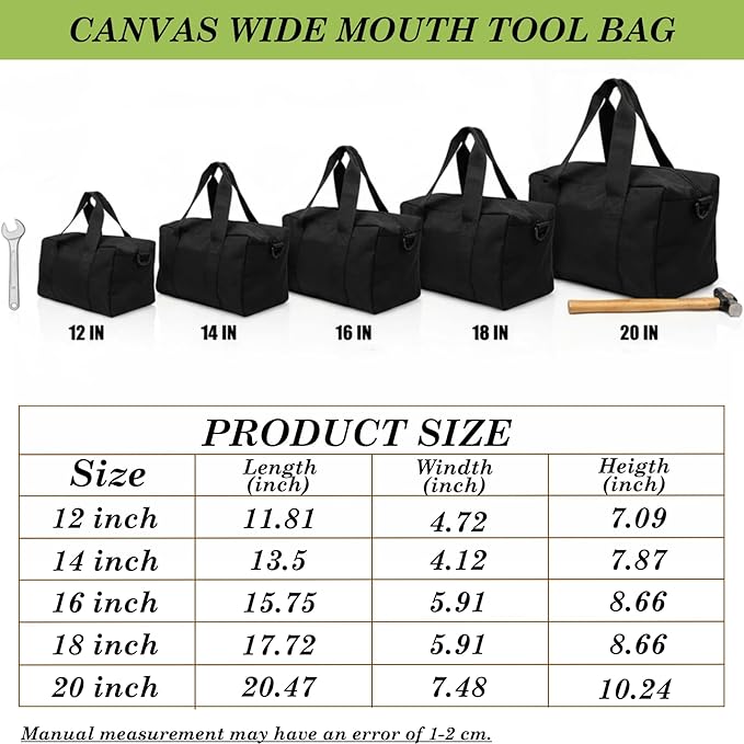 Canvas Wide Mouth Tool Bag, Large Capacity Tool Bags for Men, Portable Home Tool Organizer for Storage Handbag for Screwdrivers, Wrench, Plier, Nails, Pliers Repair Hand Tools (Black, 16 Inch)