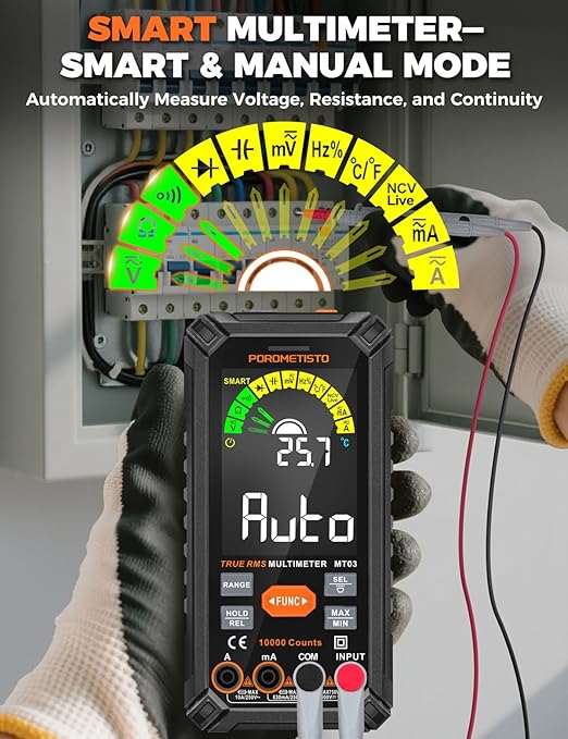 Digital Multimeter Tester 10000 Counts, Smart Multimeter Rechargeable, Auto-Ranging Voltmeter for Measuring Voltage and so on, Dual Fuse Overload Protection, Foldable Stand, Smart Input Jack Warning