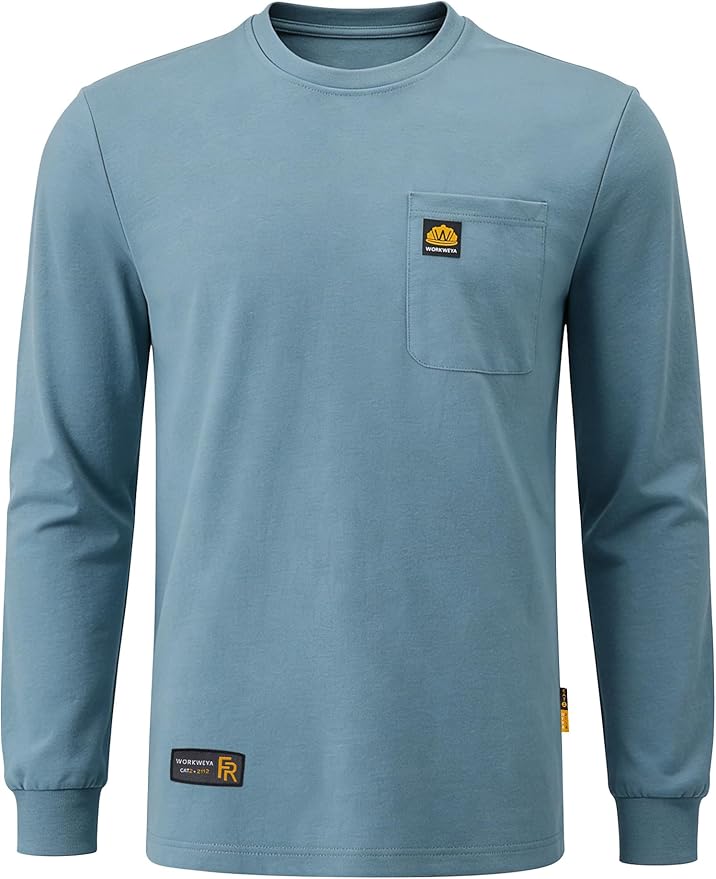 WORKWEYA Men's FR Shirts 6.5oz Lightweight Long Sleeve Flame Resistant T-Shirt NFPA 2112/CAT2