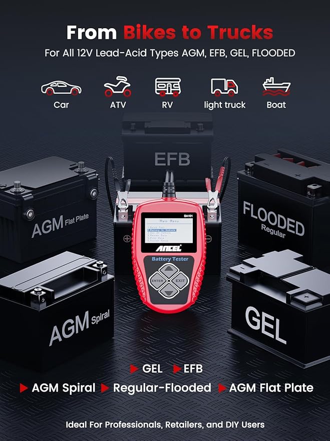 ANCEL BA101 Car Battery Tester, 12V Digital Automotive Alternator Meter Diagnostic Tool,100-2000 CCA Load Capacity, Charging & Cranking Analyzer for Truck, Boat, RV, Marine Vehicle, and More