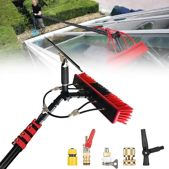 Water Fed Pole Brush Kit Water Fed Cleaning Brush with Squeegee,Solar Panel Window Cleaner Cleaning Brush Telescopic Window Cleaner Solar Panel Cleaning System Washing Kit(12FT/3.6M)