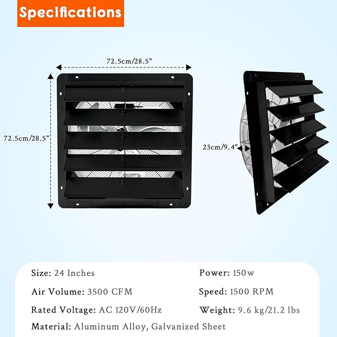 24" Automatic Shutter Exhaust Fan Wall Mount, 3500 CFM High Speed Ventilation with Quiet 1500 RPM Motor for Attic, Garage, Shop, Greenhouse