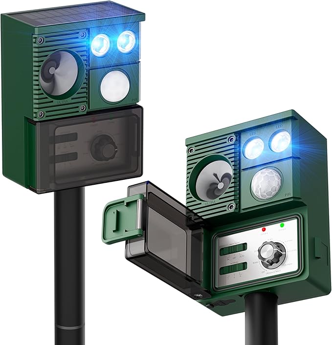 2 Packs 2026 Upgraded Ultrasonic Animal Repeller for Outdoor Yard, Solar Powered Deer Repellent Devices with Motion Sensor & Flashing Light Waterproof Cat Deterrent for Rabbits, Raccoons, Squirrels