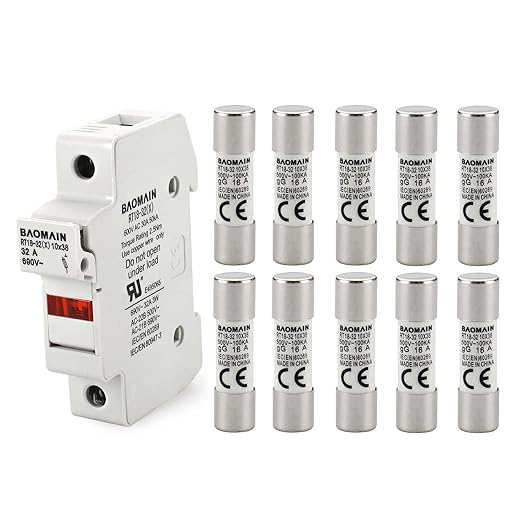 Baomain RT18-32 Fuse Holder Base with 10x16A Ceramic Fuses (10x38mm) – 1 Pole DIN Rail Mount, LED Indicator, CE Certified (16 Amp)