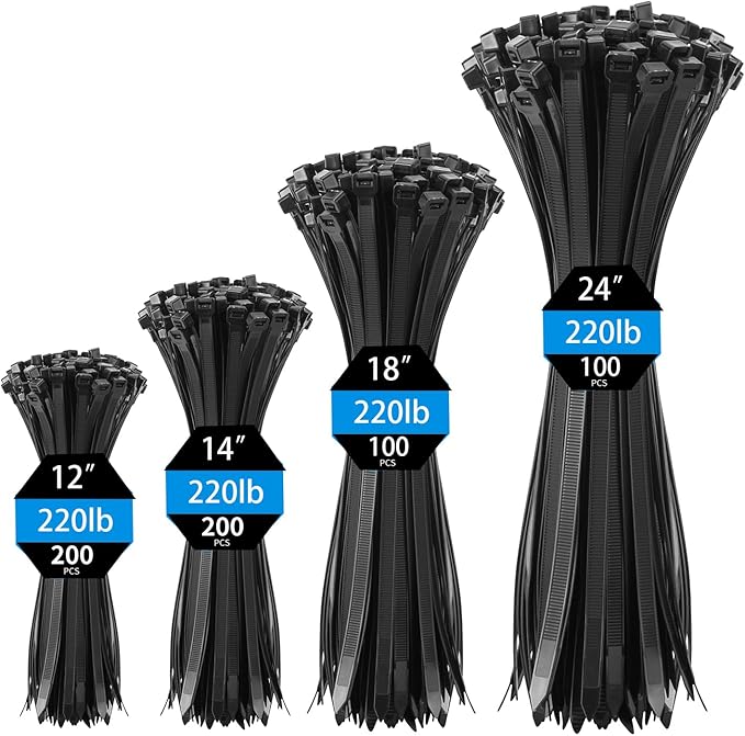 XINGO Black Zip Ties Heavy Duty Assorted Sizes (12"+14"+18"+24") 600 Pack, 220LBS Ultra Strong Plastic Wire Ties, Large Cable Ties Extra Long Tie Wraps For Indoor and Outdoor Use