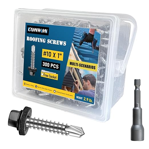 300Pcs #10 x 1 Inch Metal Roofing Screws, Black Hex Head Drill Point Sheet Metal Roof Screw with Rubber Washer, EPDM Washer, with Hex Drive Bit.