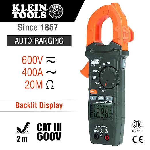 Klein Tools CL120 Digital Clamp Meter, Auto-Ranging 400 Amp AC, AC/DC Voltage, Resistance, Continuity, Non-Contact Voltage Tester Detection