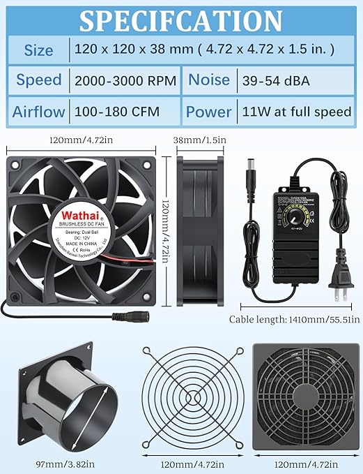 Wathai 120mm x 38mm 12V 4 Inch Small Exhaust Fan with 110V 120V Speed Control for Fume Extractor Soldering, 3D Laser, Paint Booth Cooling