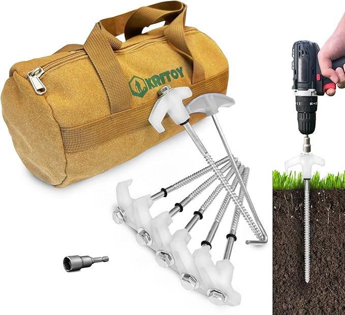 16 Pack Tent Stakes Heavy Duty - 8" Ground Anchors Screw in - Camping Stakes with Grow in The Dark Heads - Metal Threaded Tent Spikes with 1 Hex Head Driver, 1Stopper T Pull Hook and Storage Bag