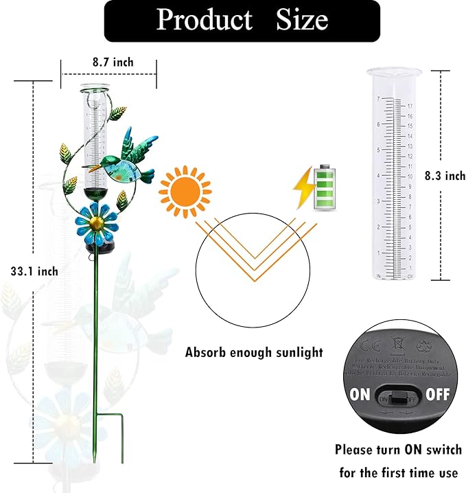 MUMTOP Rain Gauge Outdoor, Solar Powered Decorative Metal Hummingbird Flower Stake for Lawn Yard and Garden