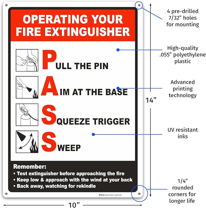 Brimar - 10 x 14" - Operating Your Fire Extinguisher Sign - Polyethylene Plastic - Safety Promotion - Easy Installation