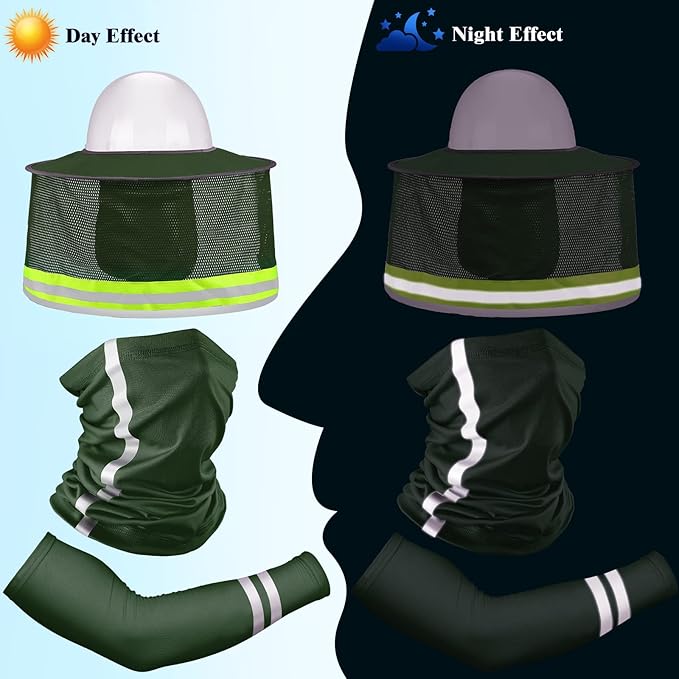 SATINIOR 3 Pcs Sun Hard Hat Neck Protection High Visibility Full Brim Mesh Sun Protection Bandana Headband Arm Sleeves with Reflective Strap for Construction Helmet Hard Hat(Military Green)