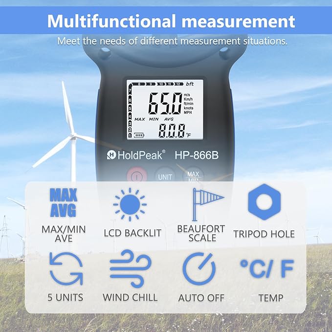 HoldPeak 866B Digital Anemometer Handheld Wind Speed Meter for Measuring Wind Speed, Temperature and Wind Chill with Backlight and Max/Min