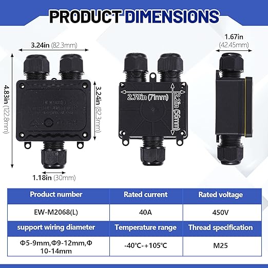 4 Pcs Waterproof Junction Box Ip68 Outdoor 3 Way Plug Line M25 Plastic Wire External Electrical Junction Box Outdoor Cable Connector for Diameter Cable φ 5-9mm, φ 9-12mm, φ 10-14mm