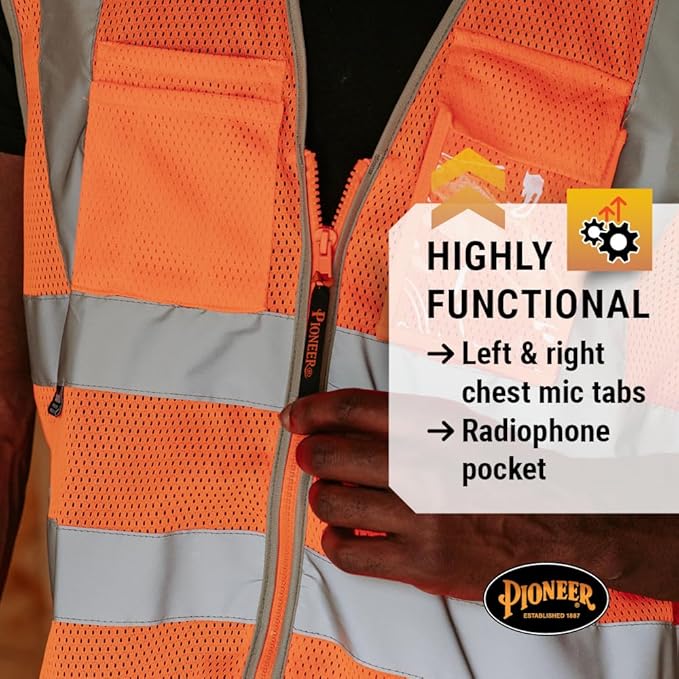 Pioneer Hi Vis Safety Vest for Men & Women - Reflective Cooling Mesh - 8 Pockets - Class 2 - Construction, Traffic, Security