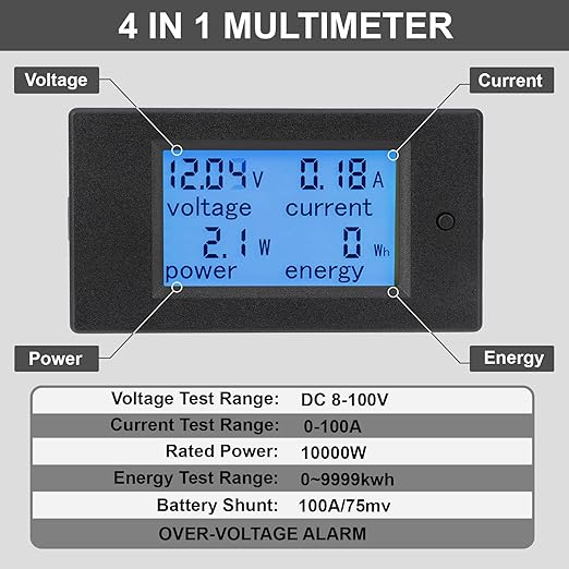 DROK DC Power Meter, 8-100V 100A Volt Amp Watt Meter, LCD Display Multimeter Voltage Current Energy RV Battery Monitor Voltmeter Ammeter Wattmeter with 100A Battery Shunt