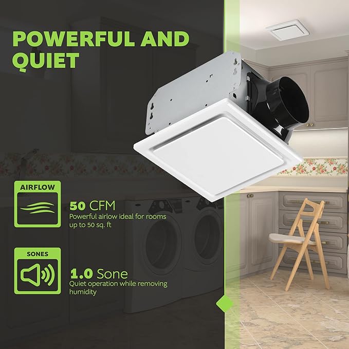Homewerks 7140-50 Bathroom Fan Ceiling Mount Exhaust Ventilation, 1.0 Sones, 50 CFM, White