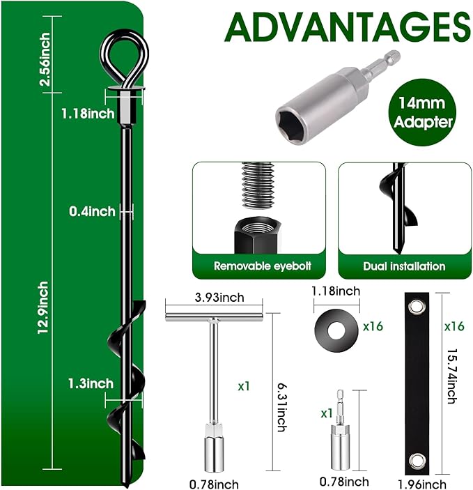 Ground Anchors Screw in 16Pcs, Trampoline Stakes Anchors with Straps Resistant High Wind, Earth Anchor for Swing Set, Tent, Trampolines, Carport, Canopies(16x15in)