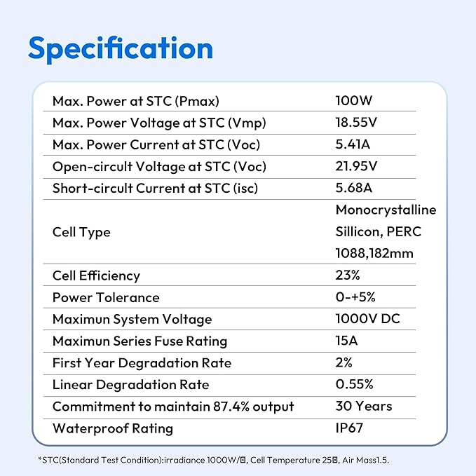 JJN 100 Watt Solar Panels, 10BB Monocrystalline 12V 100W Solar Panel, 23% High Efficiency PV Module Power Charger for RV, Home, Farm, Boat, Caravan and Off-Grid Applications