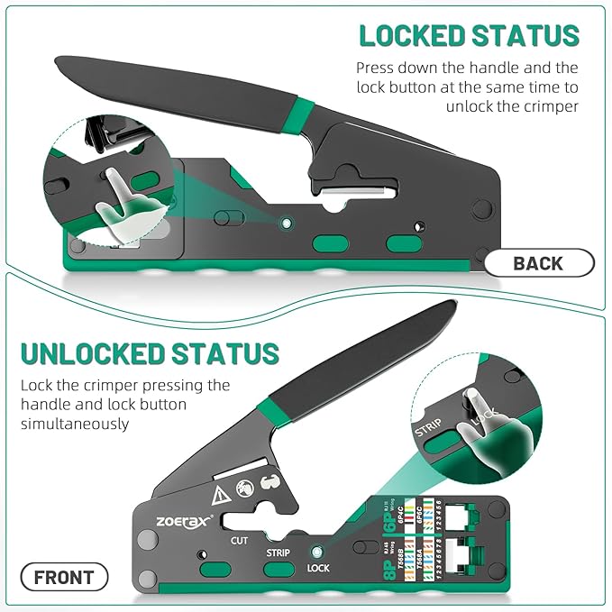 RJ45 Crimping Tool Ethernet Crimp Tool Crimper for RJ11/RJ12 Standard, RJ45 Pass Through Connectors, Green