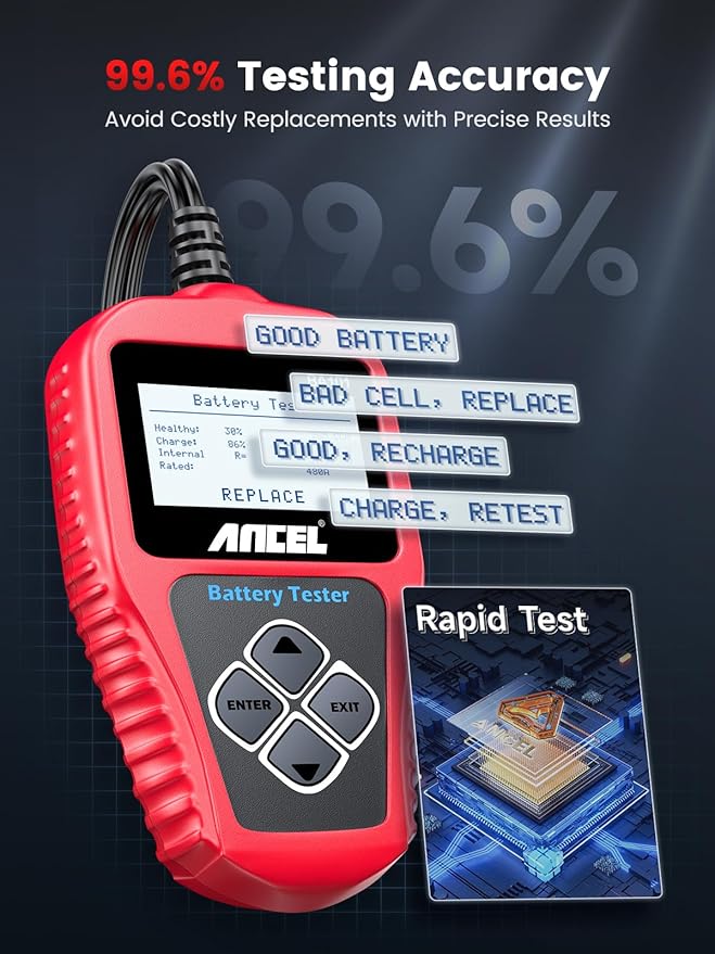 ANCEL BA101 Car Battery Tester, 12V Digital Automotive Alternator Meter Diagnostic Tool,100-2000 CCA Load Capacity, Charging & Cranking Analyzer for Truck, Boat, RV, Marine Vehicle, and More