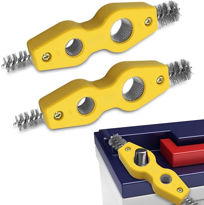 Car Battery Terminal Cleaning Brush, 4 in 1 Auto Battery Terminal Cleaning Tools, Copper Pipes Cleaner Brush Tool, Universal Battery Terminals Machine Parts Cleaning Tool (Yellow, 2PCS)