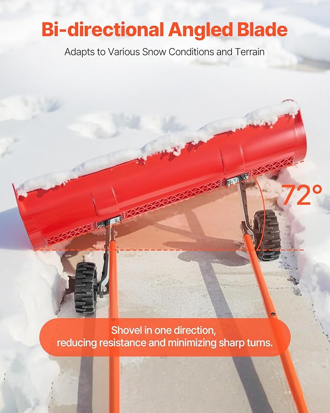 VEVOR 38-inch Snow Pusher Shovel with Wheels, Bi-Directional Heavy Duty Wheeled Push Snow Shovel for Driveway and Sidewalks with Angeled Blade
