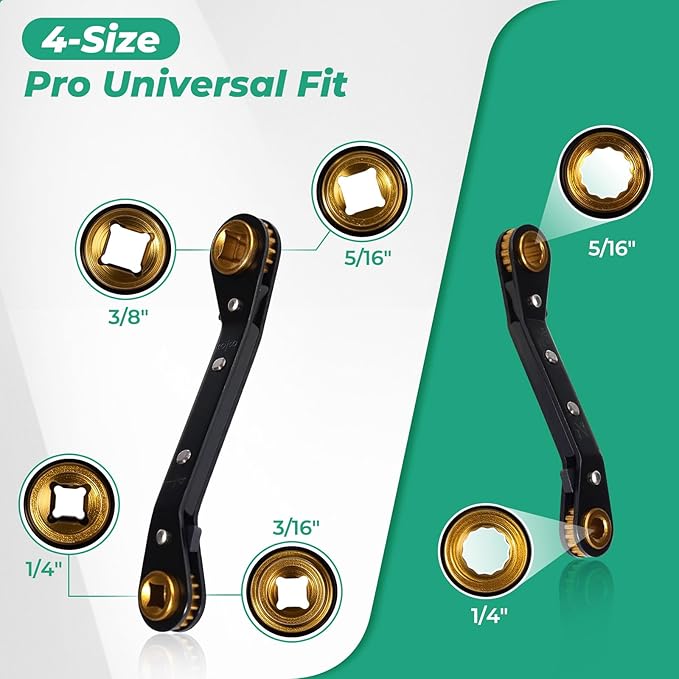 2Pcs HVAC Service Wrench Set, Curved Ratchet Wrenches (3/8", 1/4", 3/16", 5/16") with 2 Hex Key Converters, for Mini Split AC and Refrigeration Repair, Black