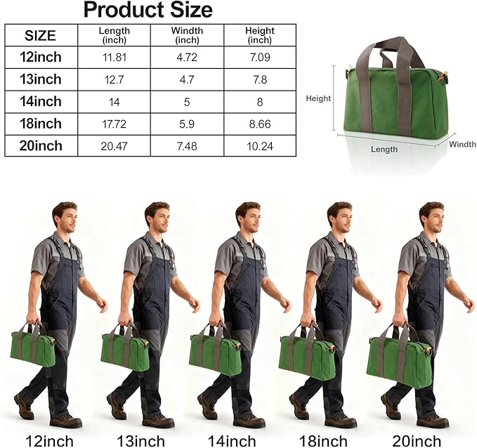 Small Tool Bag, Canvas Tool Storage Bag, Large Capacity Multipurpose Zipper Soft Tote Organizer Pouch for Electrician, Plumbing, Gardening,Tools Bags for Men (Green, 13 Inch)