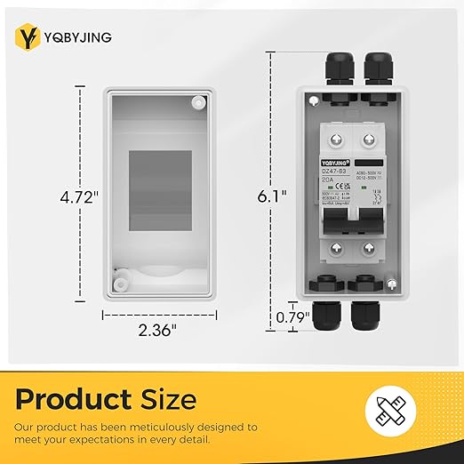 20 Amp DC Solar Panel Disconnect Switch 4 Holes AC Miniature Circuit Breaker Box 500V 2 Poles with IP65 Waterproof UV-Proof Box for Outdoor Solar PV Homes Battery
