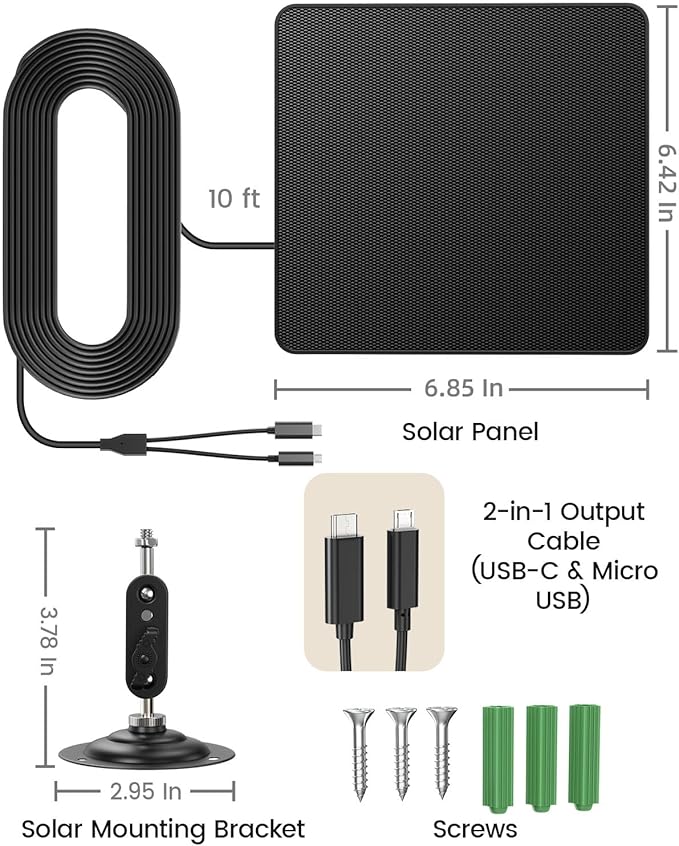 KJK 6W Solar Panel for Security Cameras – Solar Battery Charger with Micro USB & USB-C | IP66 Waterproof | 360° Adjustable Mount