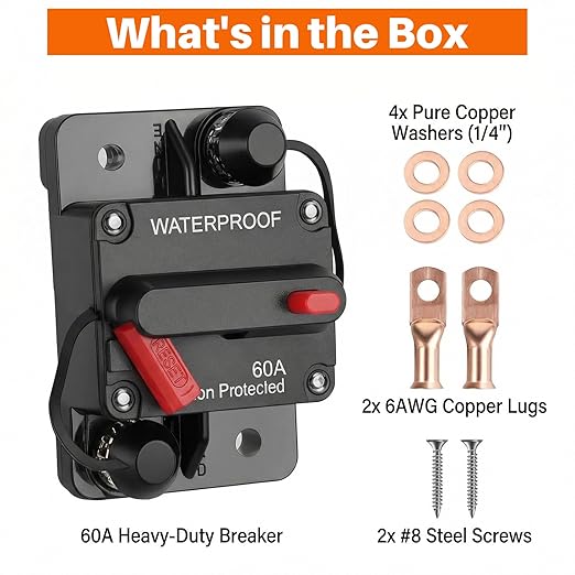60Amp Circuit Breaker for Boat Trolling Motor Marine, 12V-48V DC Breaker with Manual Reset Waterproof Inline Fuse for ATV/RV/Trailer/Automotive/Car/Solar System/Electronic Battery Disconnect