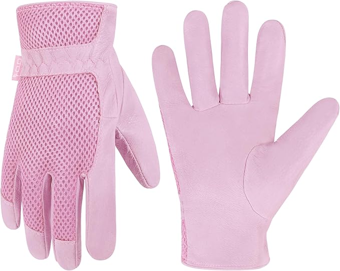 HANDLANDY Work Gloves for Women, Breathable Leather Gardening Glove for Yard Maintenance, Hand Protection with Touch Screen