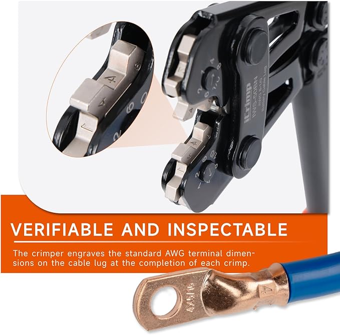 iCrimp Battery Cable Lug Crimping Tool for 8, 6, 4, 2, 1, 1/0 AWG Copper Cable Lugs, with Wire Cutter and Stripper, Battery Terminal Crimper