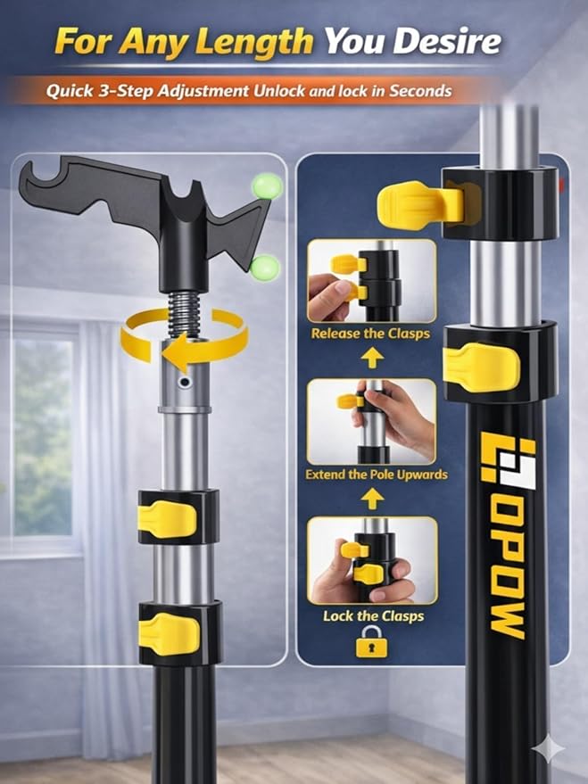 3.5-8ft Professional Extension Pole - Ideal for High Ceilings & Standard Home Projects - Heavy-Duty Aluminum Construction with Non-Slip Grip