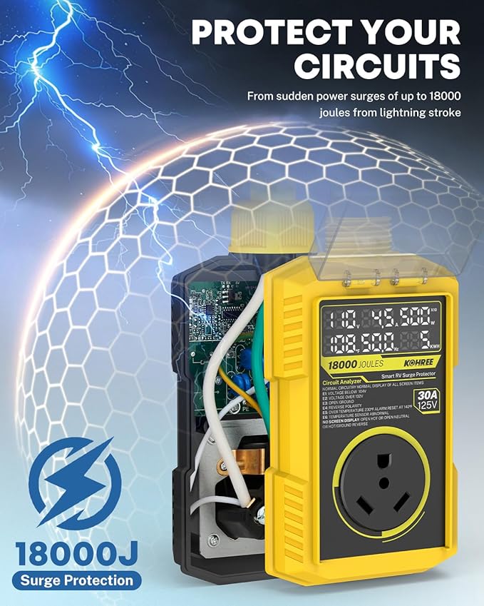 Kohree RV Surge Protector 30 Amp, 18000 Joules RV Power Surge Voltage Protection, RV Adapter Plug with Auto Shut Off LED Large Screen Real-Time Circuit Analyzer for Travel Trailers Camper-30A Yellow