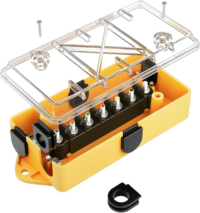 MECMO 7 Way Trailer Wire Junction Box Clear Cover Color-Coded 7 Pin Terminal Studs, Heavy Duty 7 Gang Trailer Wiring Connector Weatherproof Electrical Junction Box for Rewiring RV Camper Trailer Light