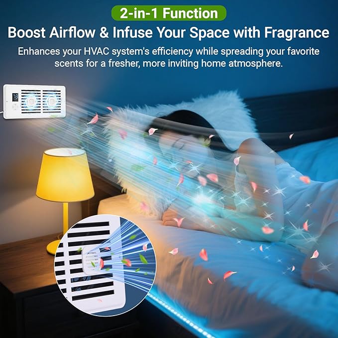 Register Booster Fan Fits 4" x 10" Register Holes, Vent Fan with DIY Scent Diffuser,Quiet 10-Speed Smart Heating Cooling AC with LCD Screen,Remote Control and Thermostat Control for Home,Wall,Floor